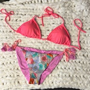 VS Floral bikini set- coral top, floral reversible multi color bottom